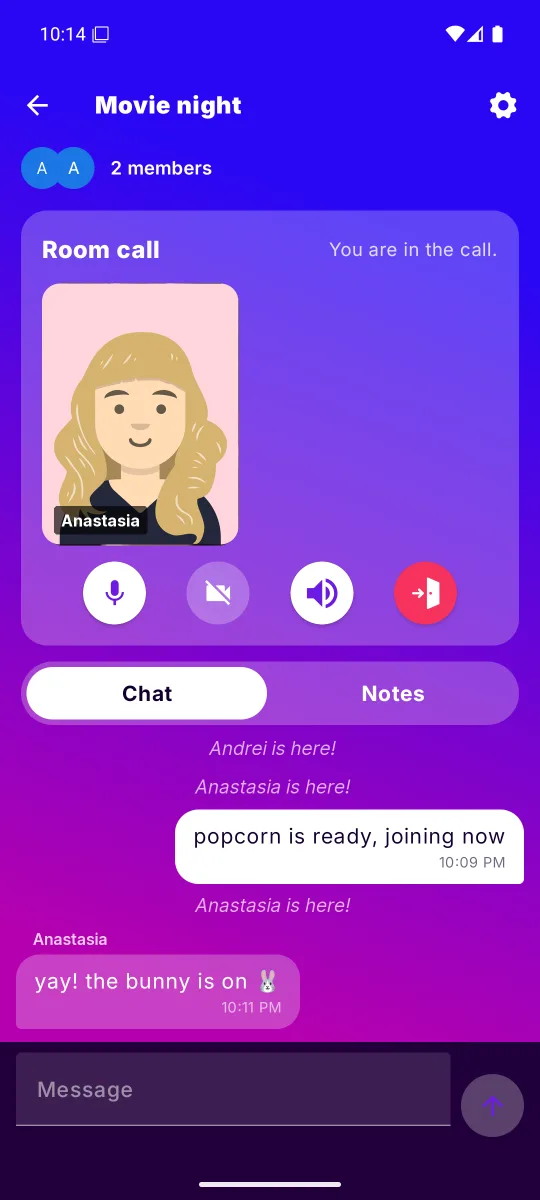 The Here Android app in a Movie night room call, with a friend on video and the room chat below
