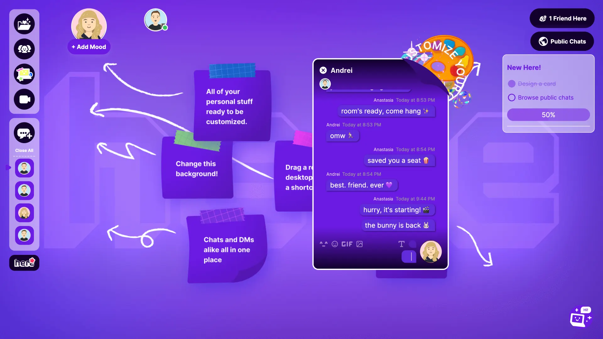 The Here desktop with sticky notes, the sidebar, and friends online